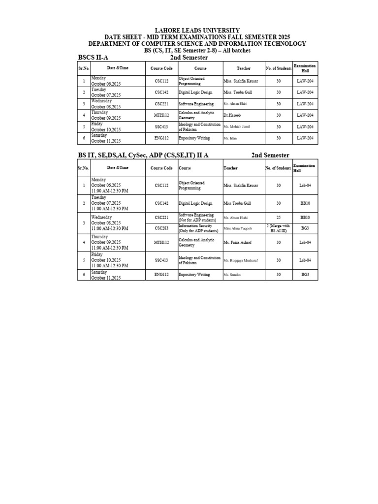 MID TERM Date Sheet BS 2-8 FALL 2025 V1 | PDF | Computing