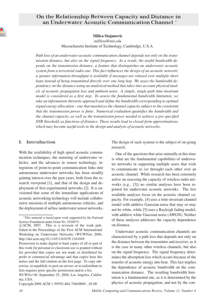 Underwater Acoustic Channel Capacity Analysis | PDF | Bandwidth (Signal ...