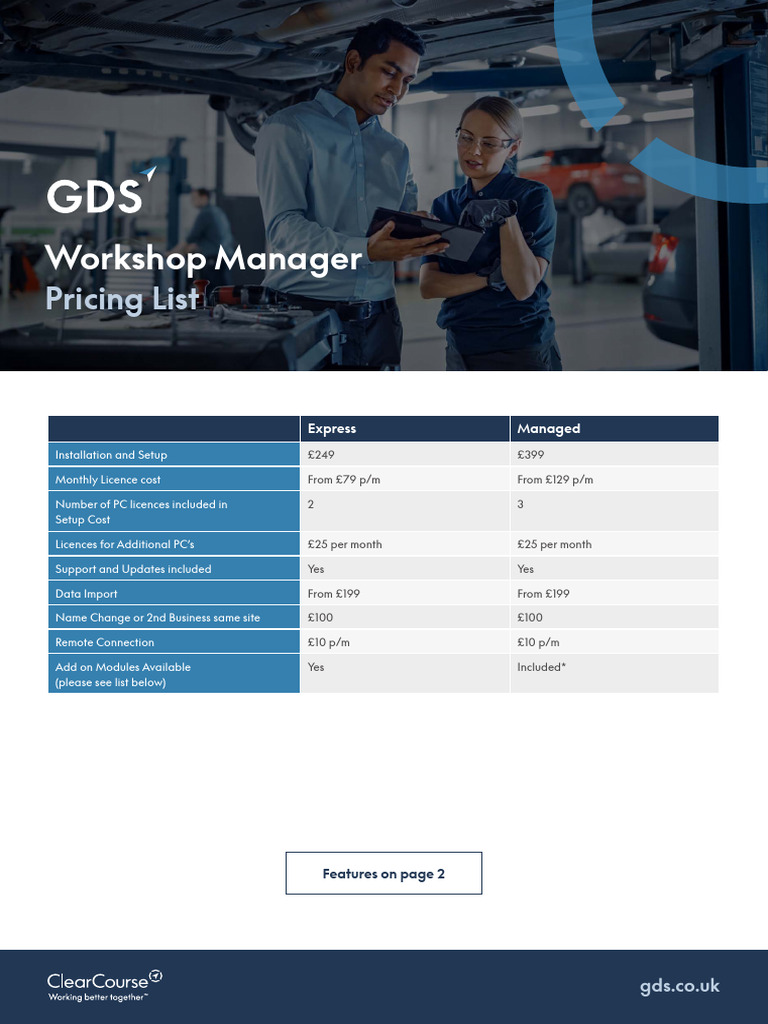GDS Workshop Manager Pricing List Sept2023 | PDF | Invoice | Computing