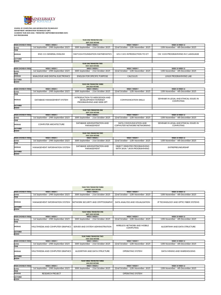 Bit Teaching Timetable Sept Dec 2025 (Day Evening Weekend) | PDF ...