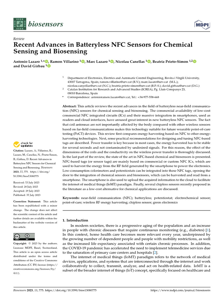 Recent Advances in Batteryless NFC Sensors For Chemical Sensing and ...