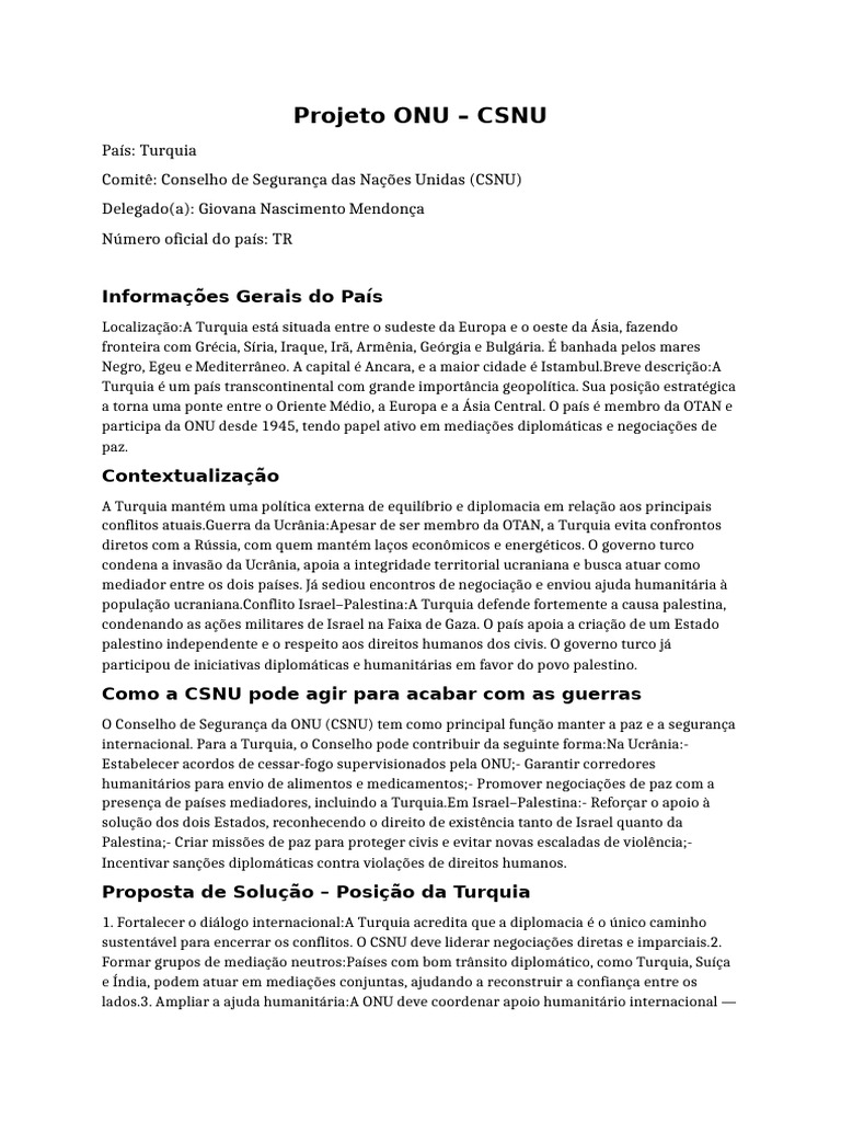 Turquia e o Papel no CSNU: Diplomacia e Paz | PDF | Turquia | Nações Unidas