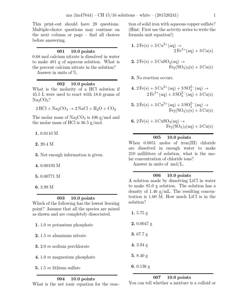CH 15/16 Solutions Practice Questions | PDF | Solubility | Chemical ...