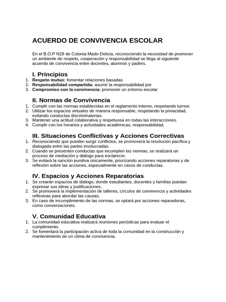 Acuerdo de Convivencia Escolar | PDF