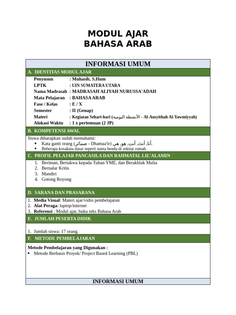 Modul Ajar Bahasa Arab Kegiatan Sehari-hari | PDF