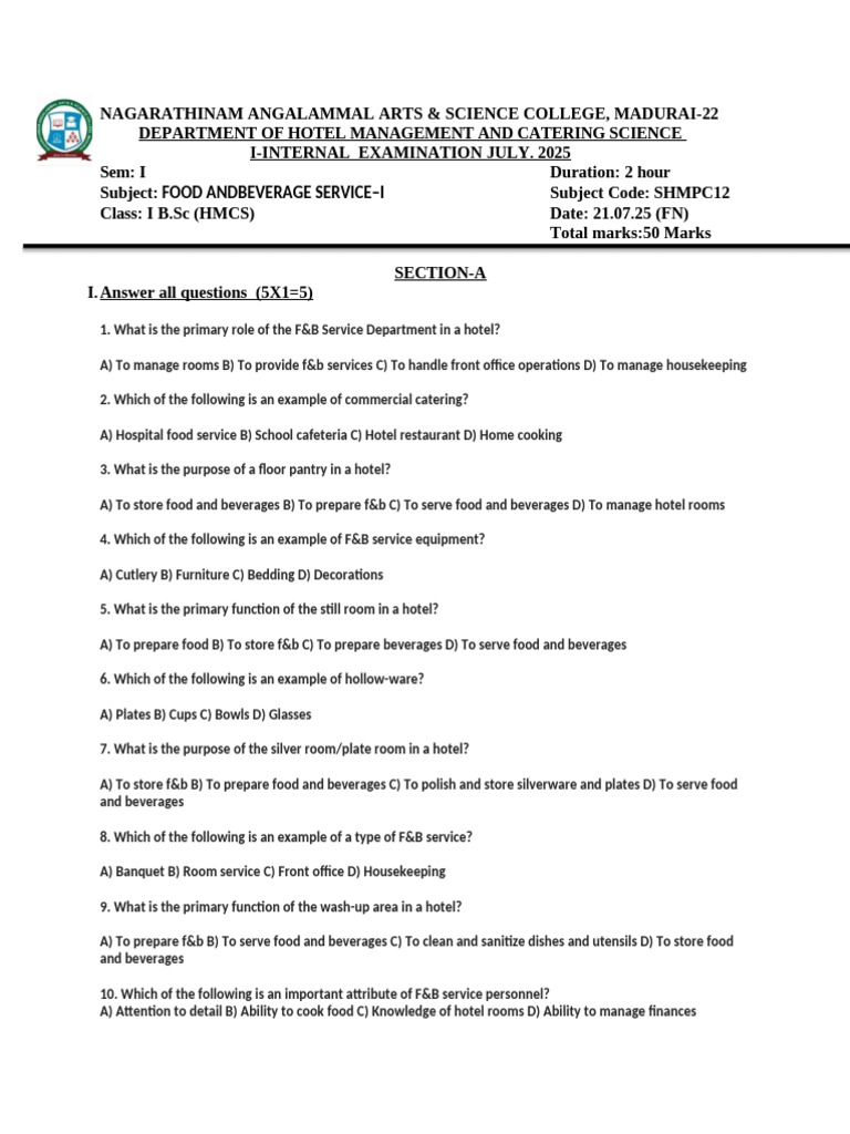 Food & Beverage Service Exam Paper | PDF | Tableware | Foodservice