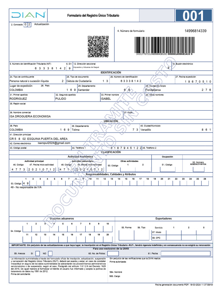Registro Único Tributario - RUT Floridablanca | PDF