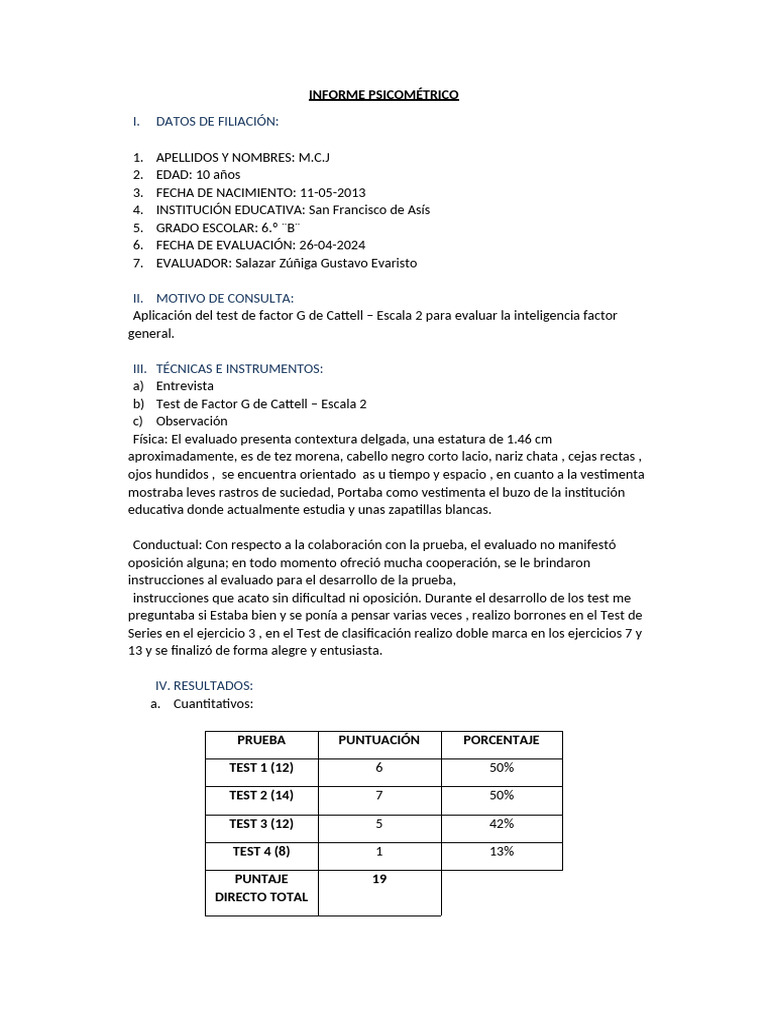 Informe Psicométrico de Inteligencia Infantil | PDF | Cociente de ...