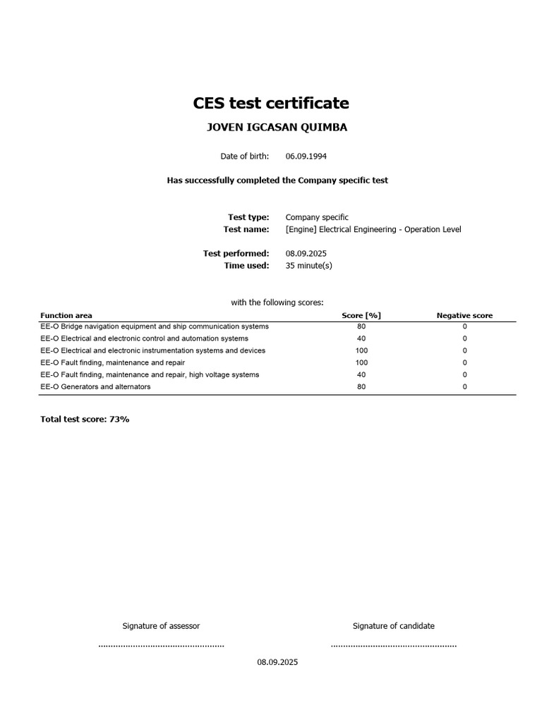 Electrical Engineering Test Certificate | PDF