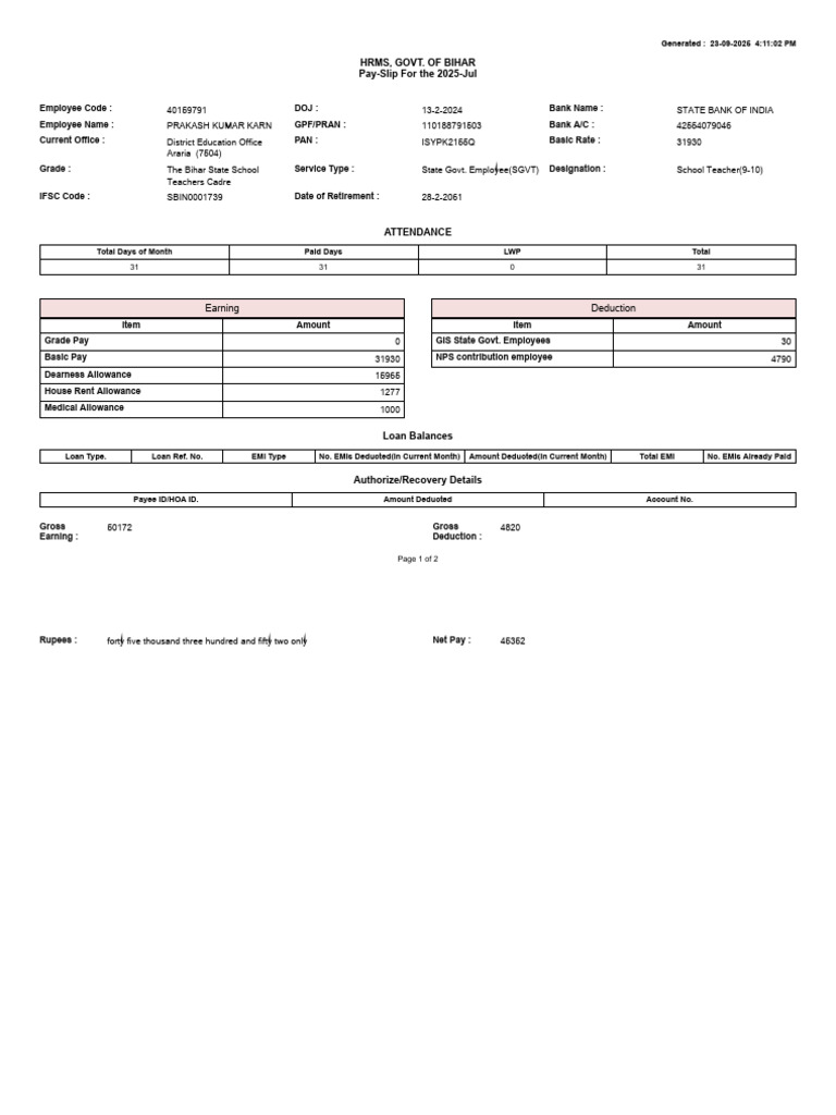 Bihar Government Employee Pay Slip | PDF | Personal Finance | Taxation