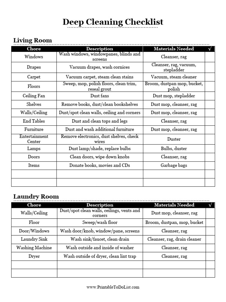 Deep Cleaning Checklist for Home | PDF | Vacuum Cleaner | Sink