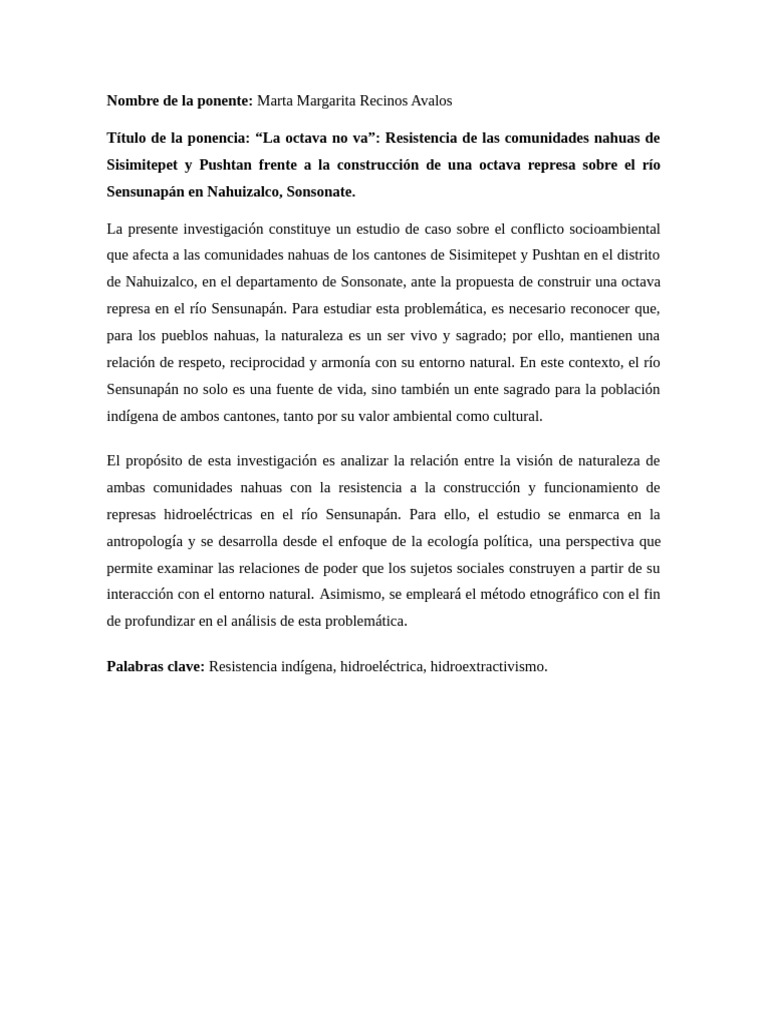 Resumen de Mi Ponencia para El Congreso - Marta Recinos | PDF
