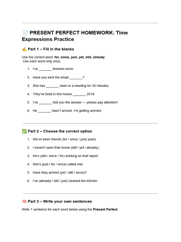 Present Perfect Homework Practice | PDF