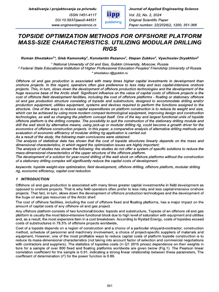 Topside Optimisation Rigs Roman Shestakov Etal JAES | PDF