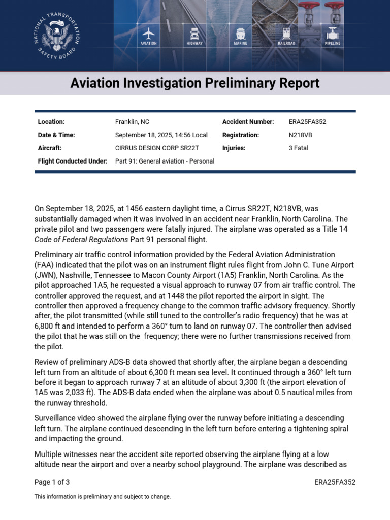 Preliminary Report: N218VB Crash | PDF | Airplane | Aviation