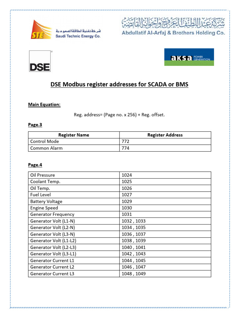 DSE Modbus Register Addresses Guide | PDF
