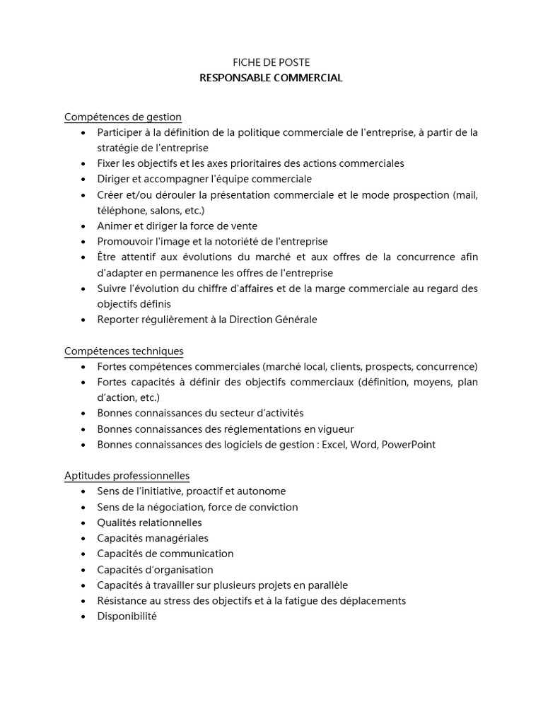 Fiche de Poste Responsable Commercial | PDF