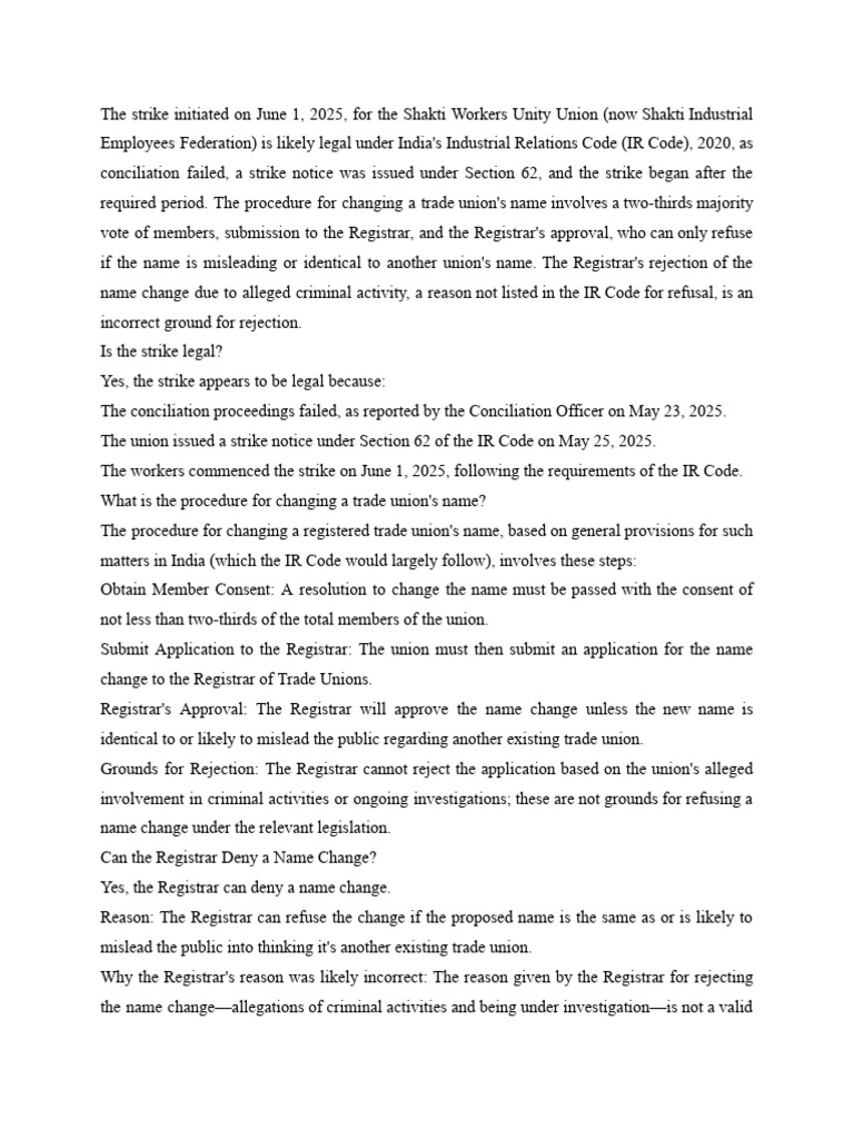 Shakti Workers Unity Union Answer | PDF | Strike Action | Government