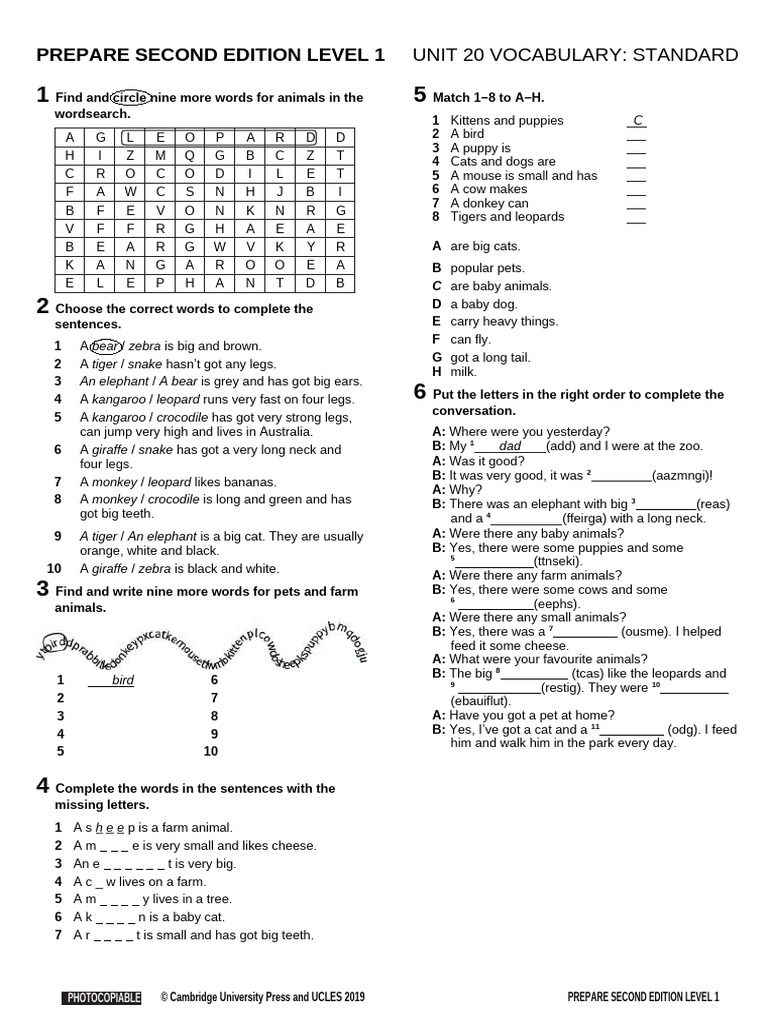 PREPARE 1 Vocabulary Standard Unit 20 | PDF | Zoology