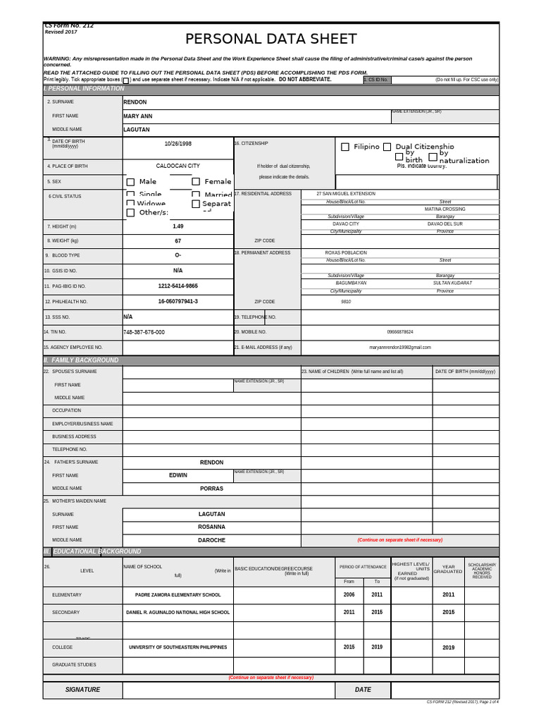 Personal Data Sheet Template | PDF