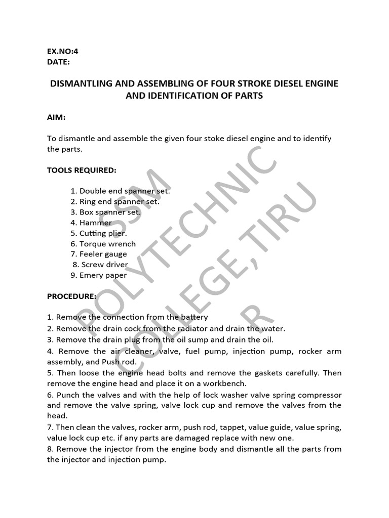 Dismantling & Assembling Diesel Engine | PDF