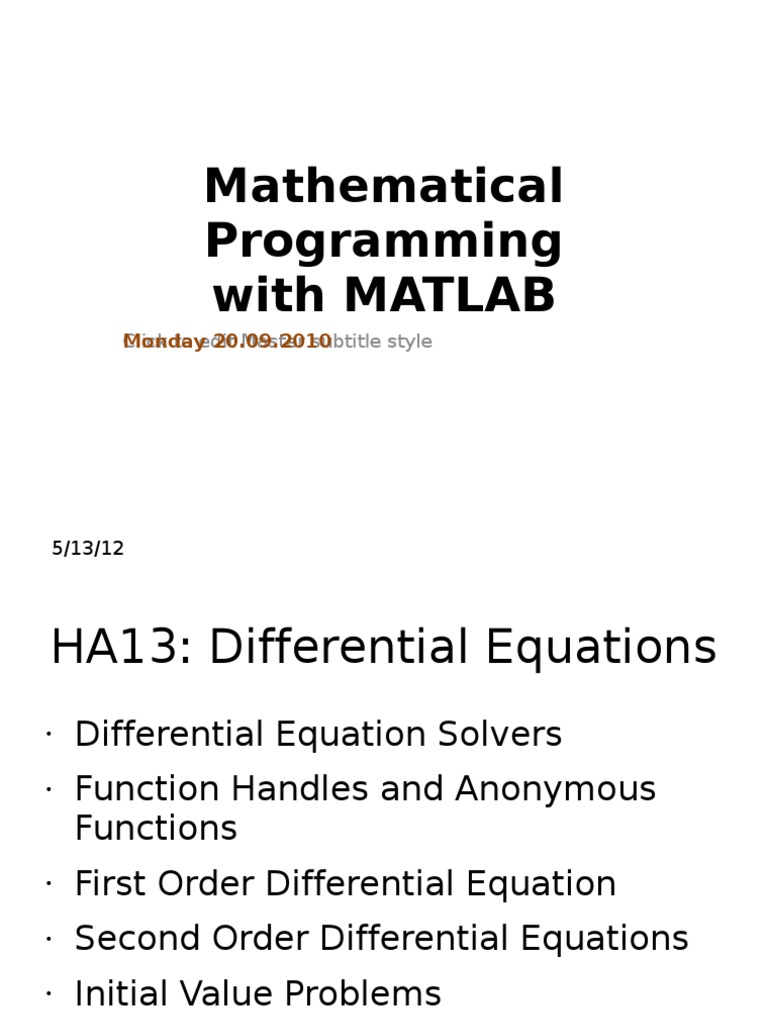 Mathematical Programming With MATLAB: Click To Edit Master Subtitle ...