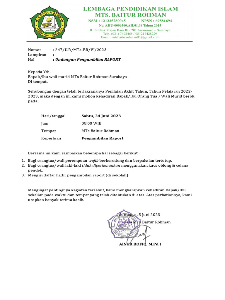 Undangan Pengambilan Raport MTs Baitur Rohman | PDF