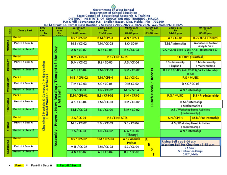 D.El.Ed Class Routine 2024-2027 Malda | PDF