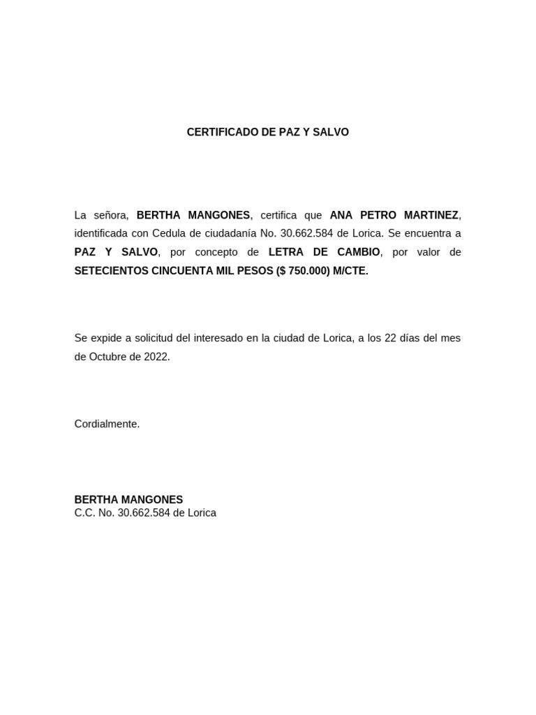 Certificado de Paz y Salvo - Ana Petro | PDF