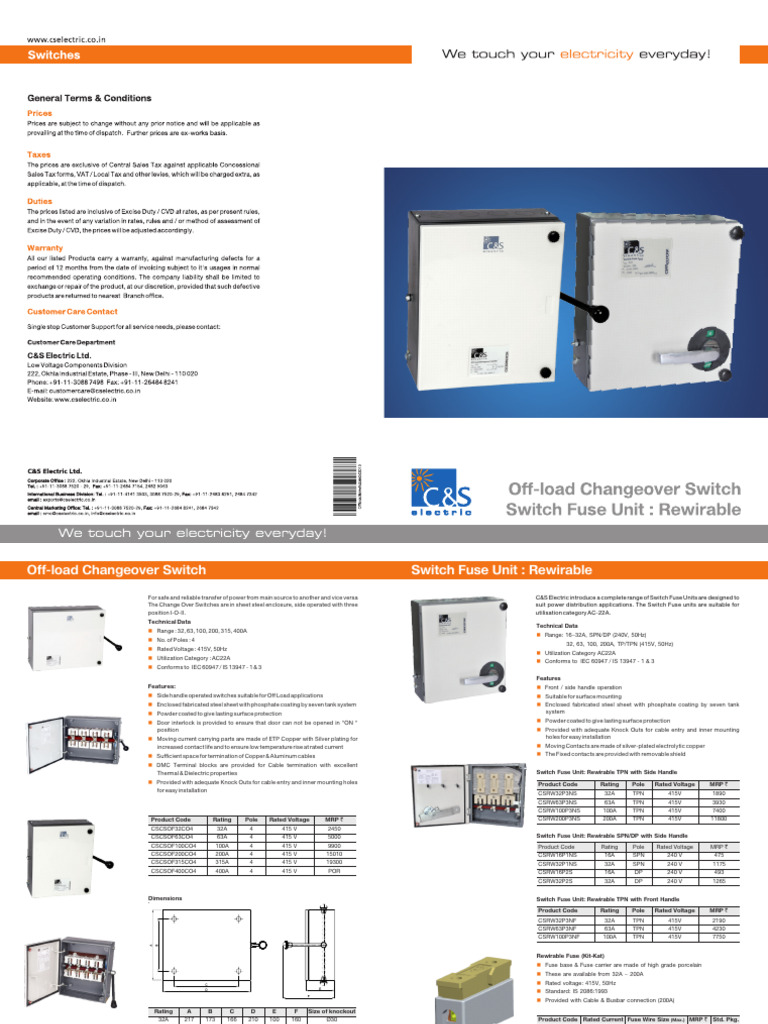 Change Over Switches & Fuse Units Specs | PDF | Fuse (Electrical) | Switch