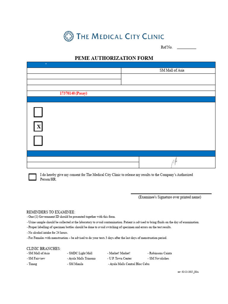 PEME Authorization Form for Patients | PDF | Drug Test | Physical ...
