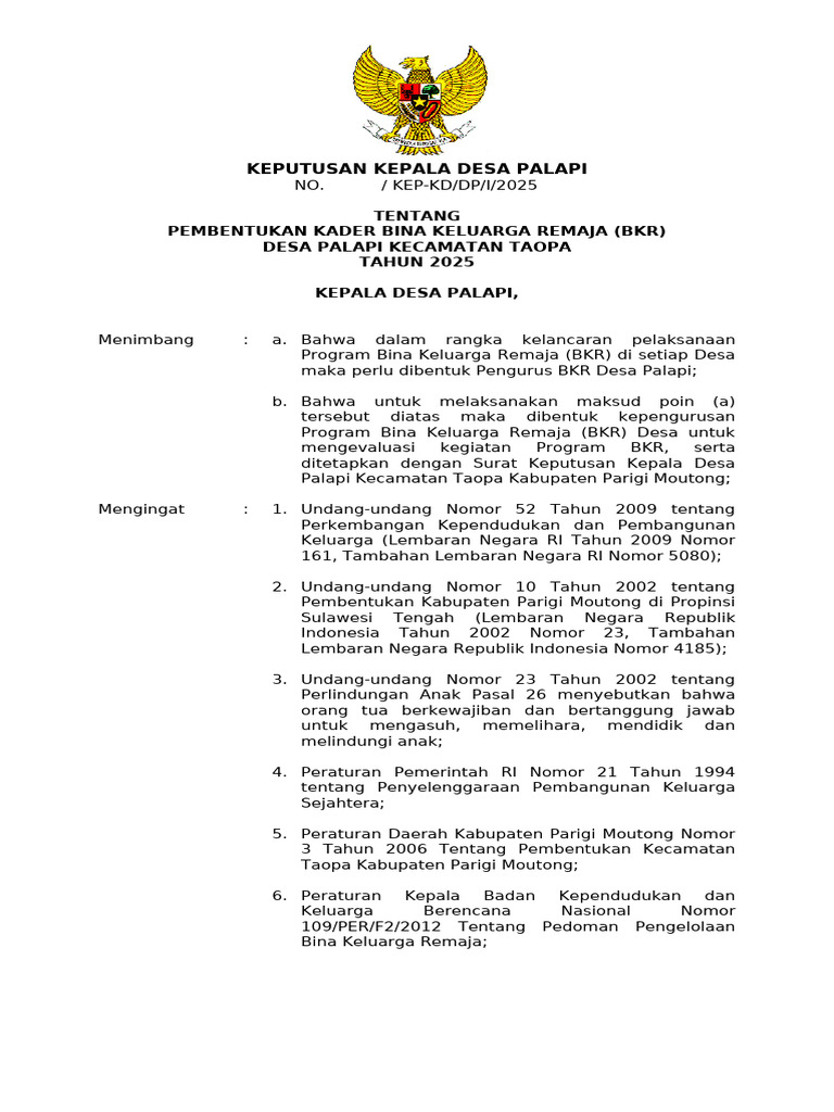 Pembentukan Kader BKR Desa Palapi 2025 | PDF
