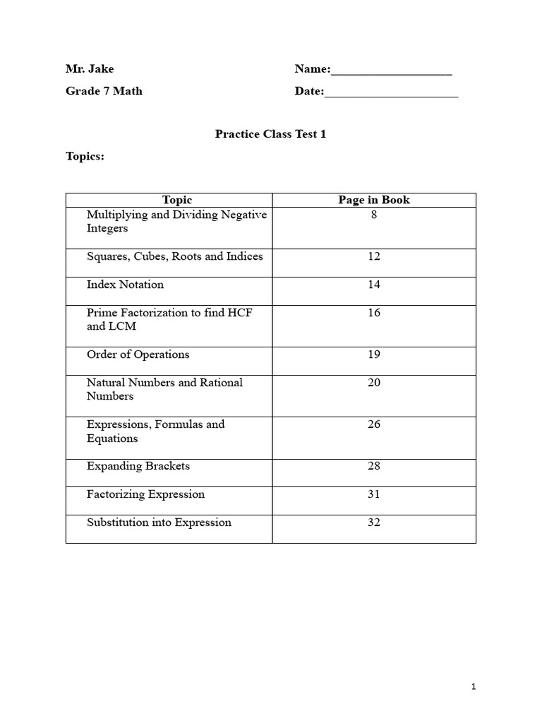 G7 Practice Class Test 1 2 1 | PDF | Factorization | Algebra