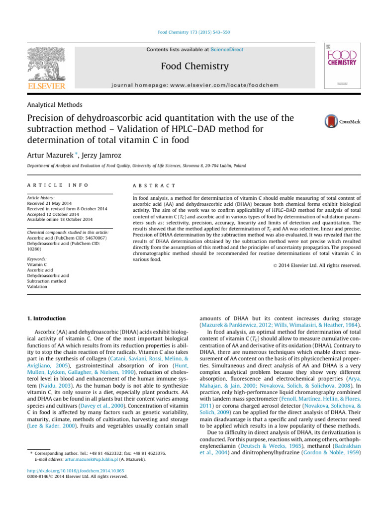 BB - Precision of Dehydroascorbic Acid Quantitation With The Use of The ...