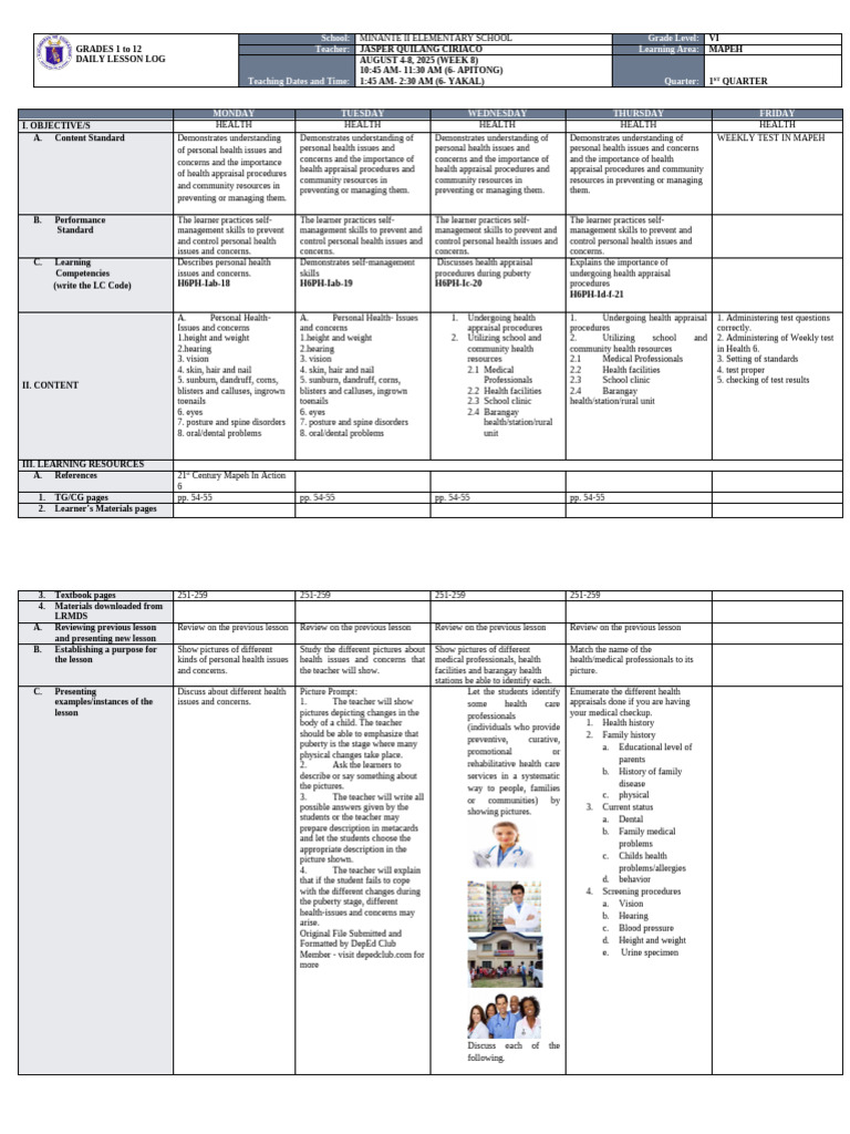 MAPEH Daily Lesson Log for Grade VI | PDF | Learning | Teachers