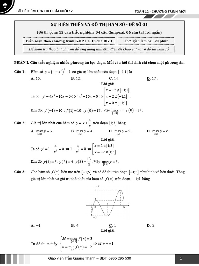 K12 Đề 01 - Bài 02 - Max-Min Của Hàm Số - GV | PDF