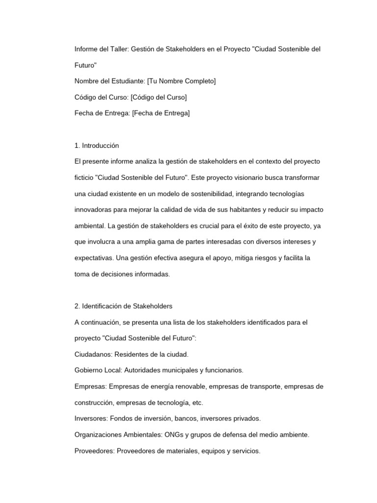 Informe Del Taller | PDF | Sustentabilidad | Gestión de proyectos