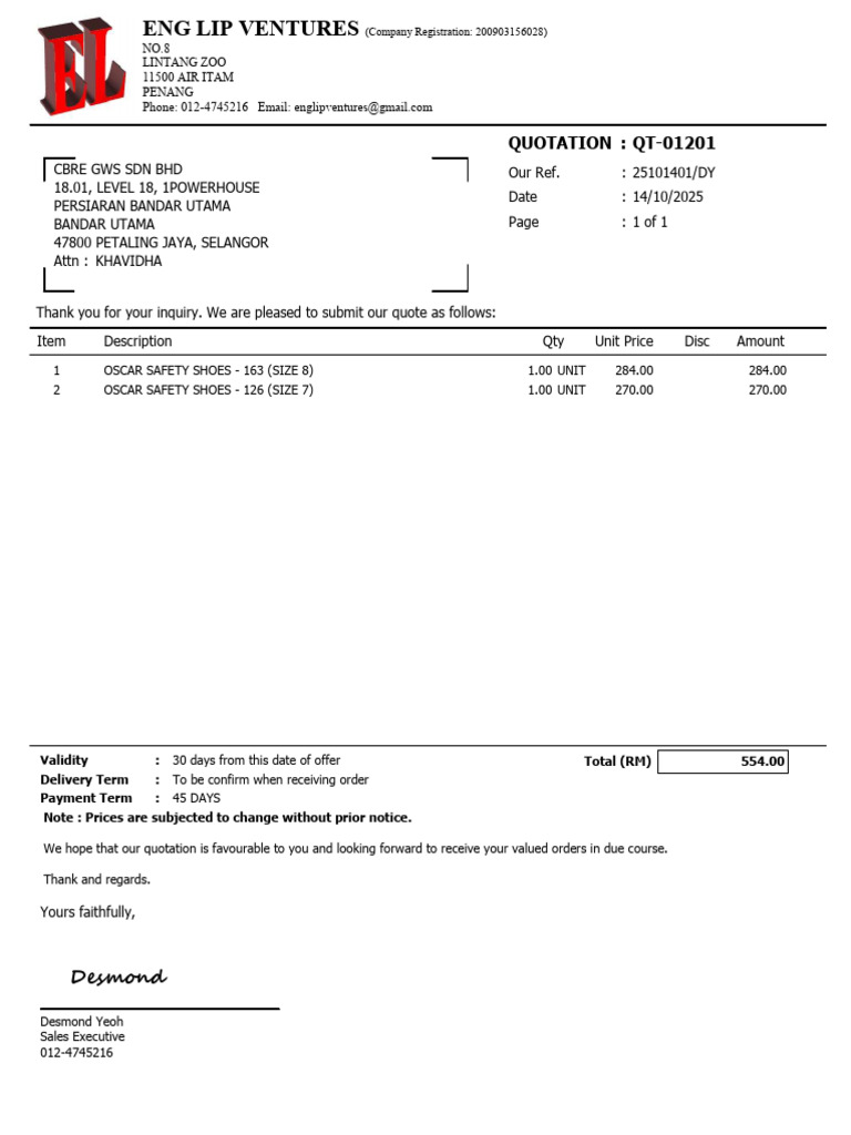 Quotation For Safety Shoes 141025 | PDF