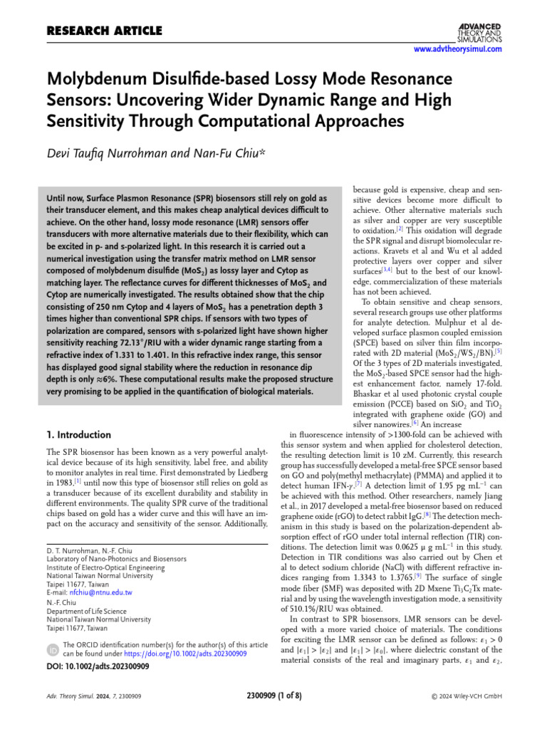 Molybdenum Disulfide LMR Sensors | PDF | Surface Plasmon Resonance ...
