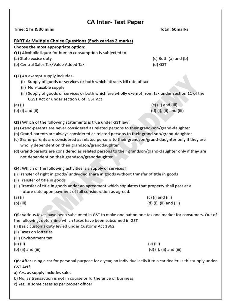 CA Inter GST Test Paper Questions | PDF | Taxes | Government Finances