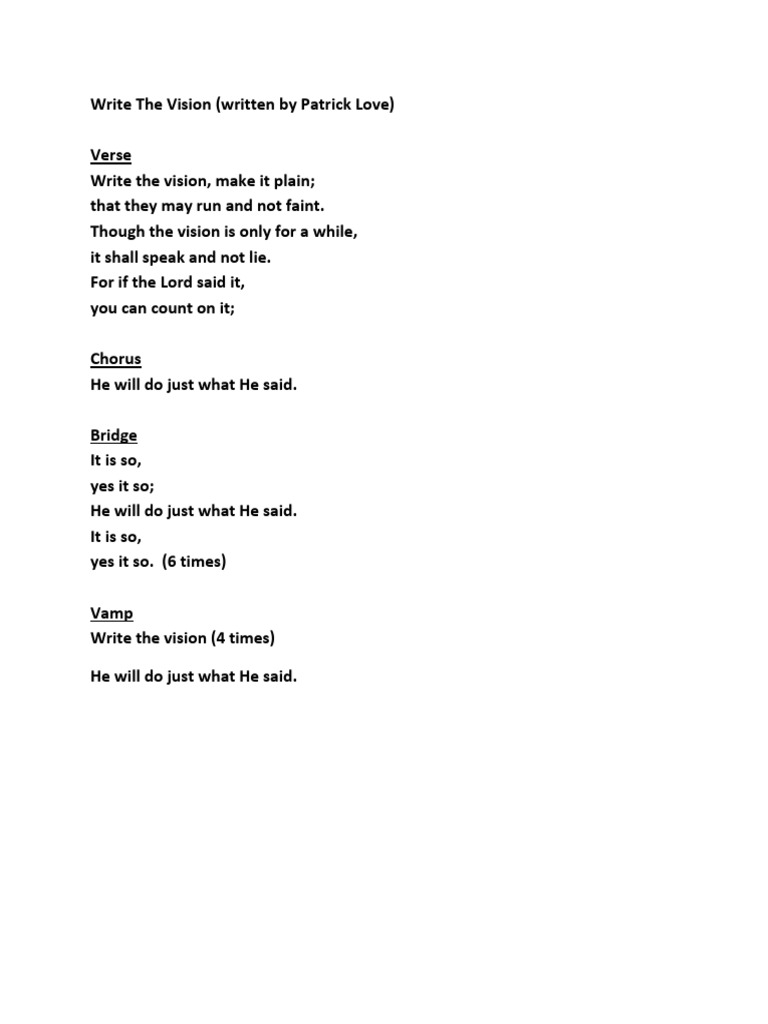 Write the Vision Lyrics by Patrick Love | PDF