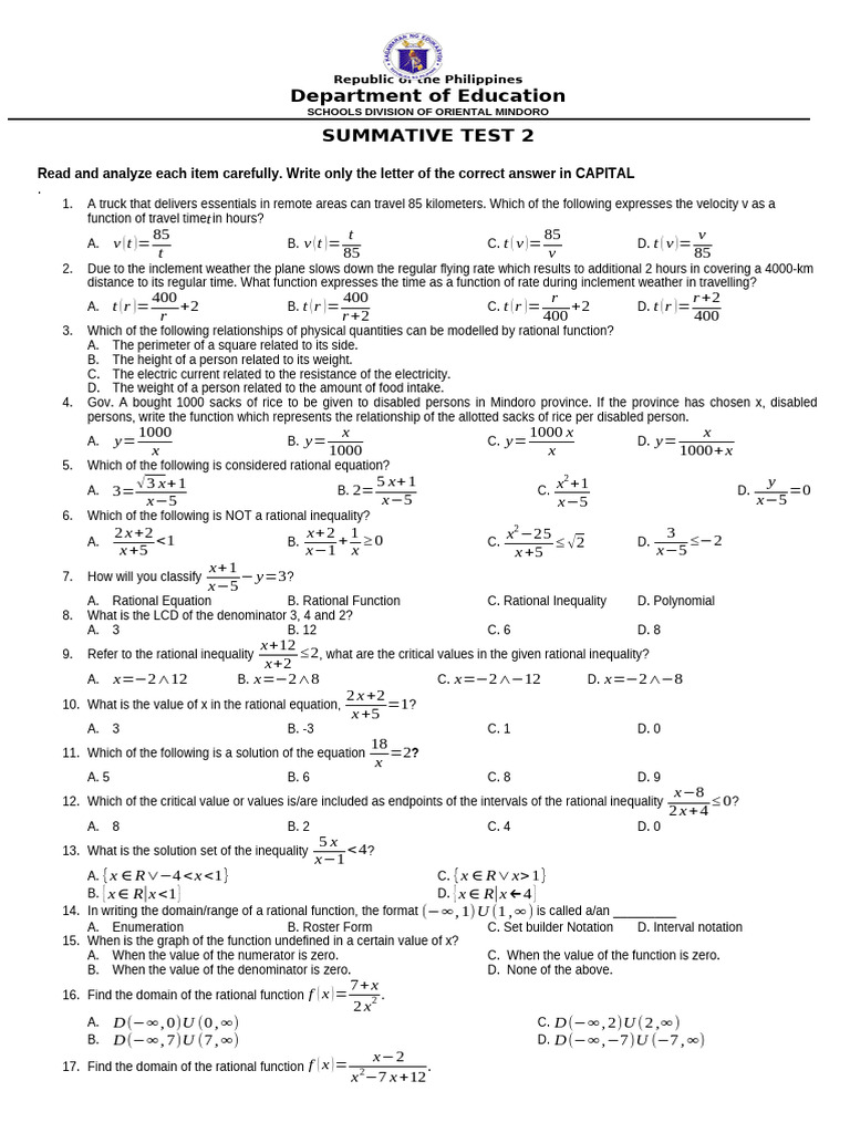 Rational Functions and Equations Test | PDF | Physics