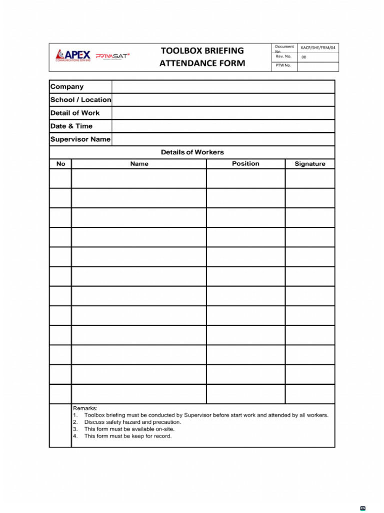 Toolbox Attendance Form POP2 | PDF