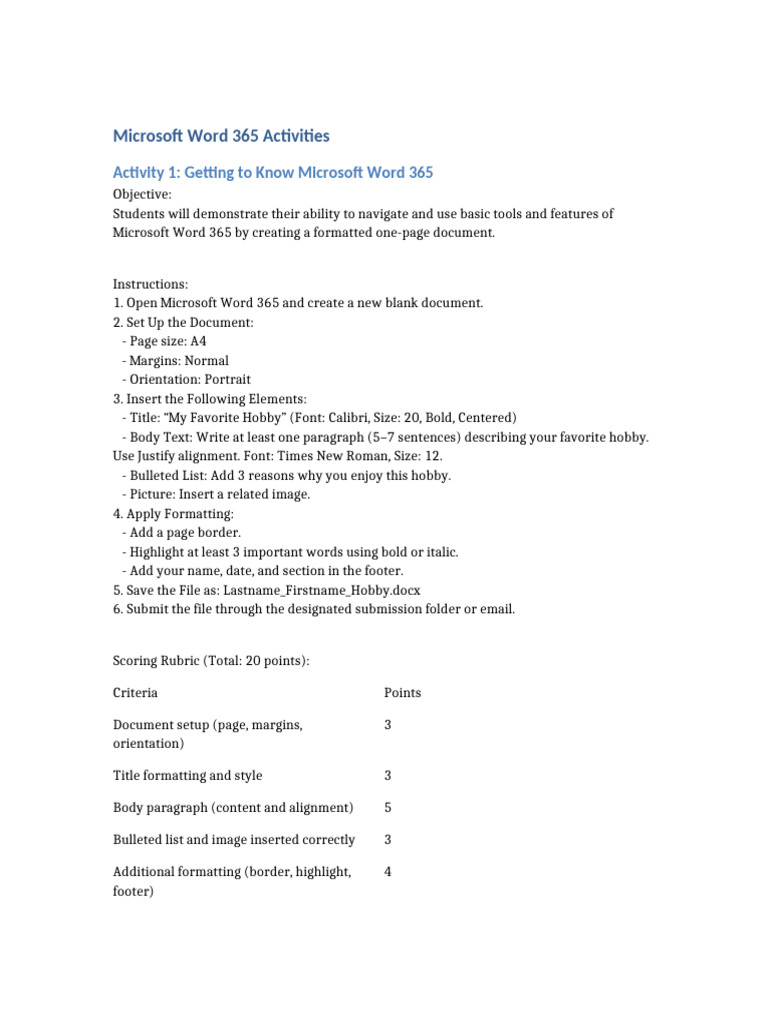 Microsoft Word 365 Activities Guide | PDF | Microsoft Word | Computing