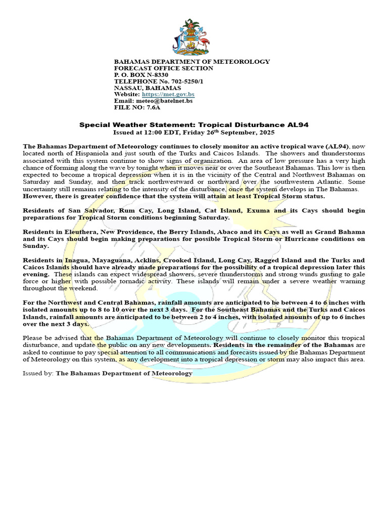 Tropical Disturbance AL94 Update | PDF | The Bahamas | Tropical Cyclones