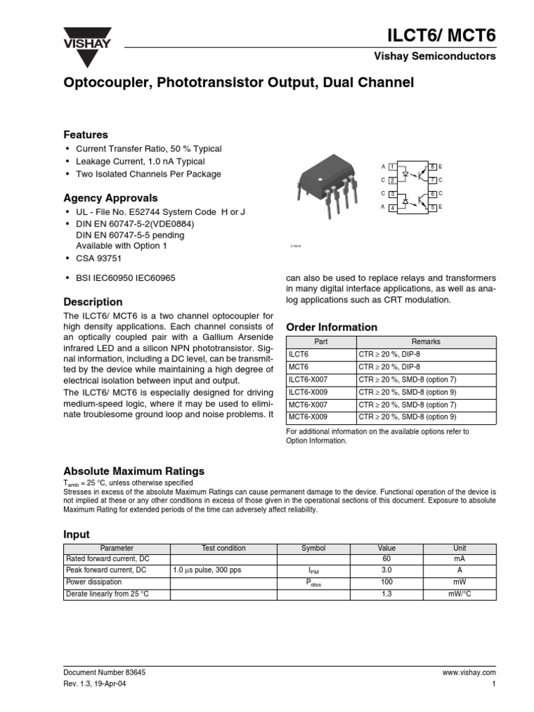 Ilct6/ Mct6 Optocoupler, Phototransistor Output, Dual Channel PDF