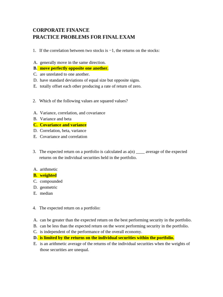 Corporate Finance Exam Practice Problems | PDF | Dividend | Beta (Finance)