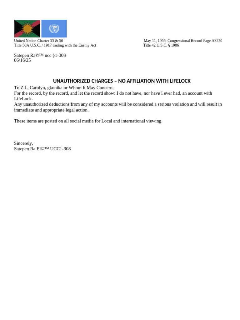 Unauthorized Charges - No Affiliation With Lifelock | PDF