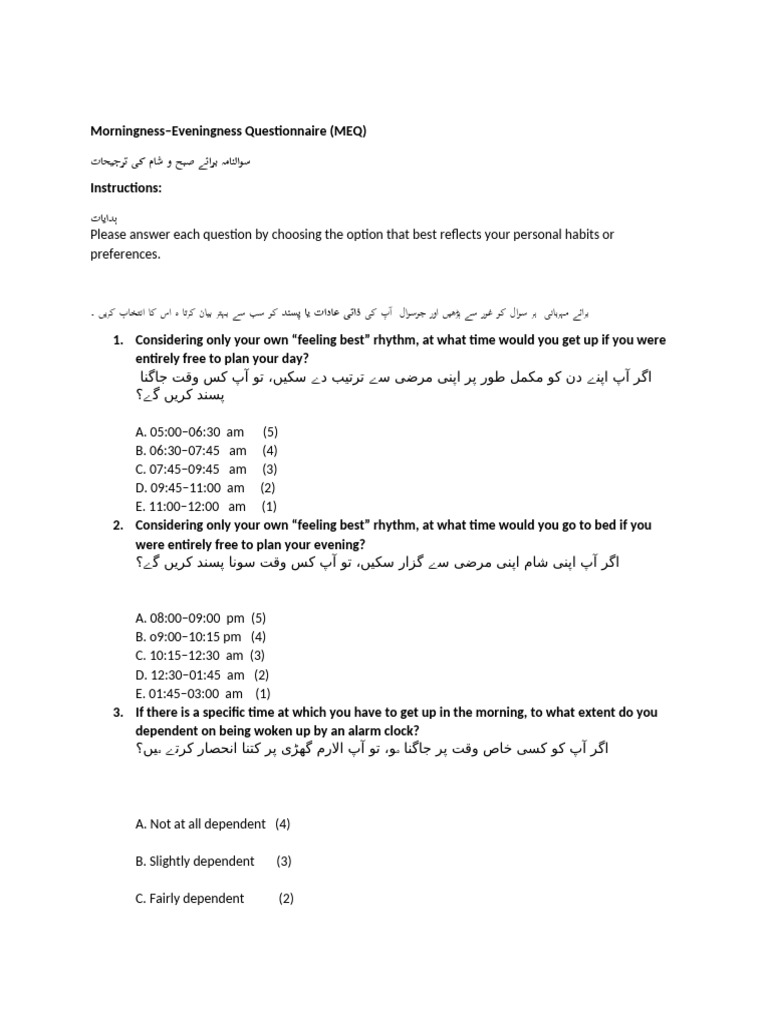 Morningness-Eveningness Questionnaire | PDF | Sleep