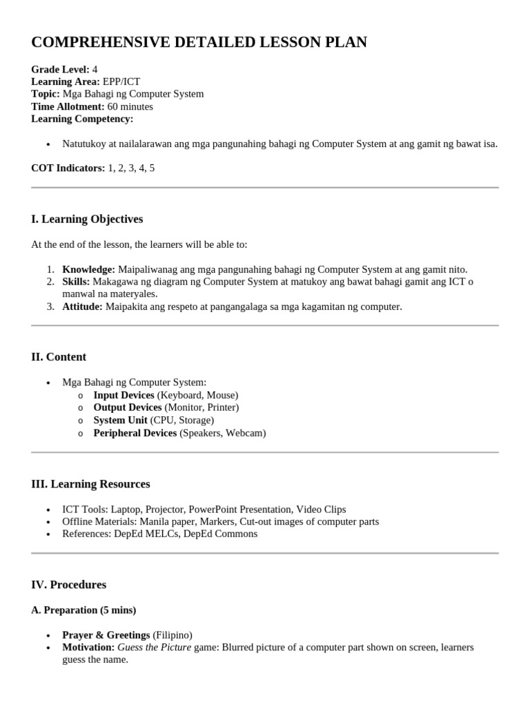 Computer System Parts Lesson Plan | PDF | Educational Technology | Learning